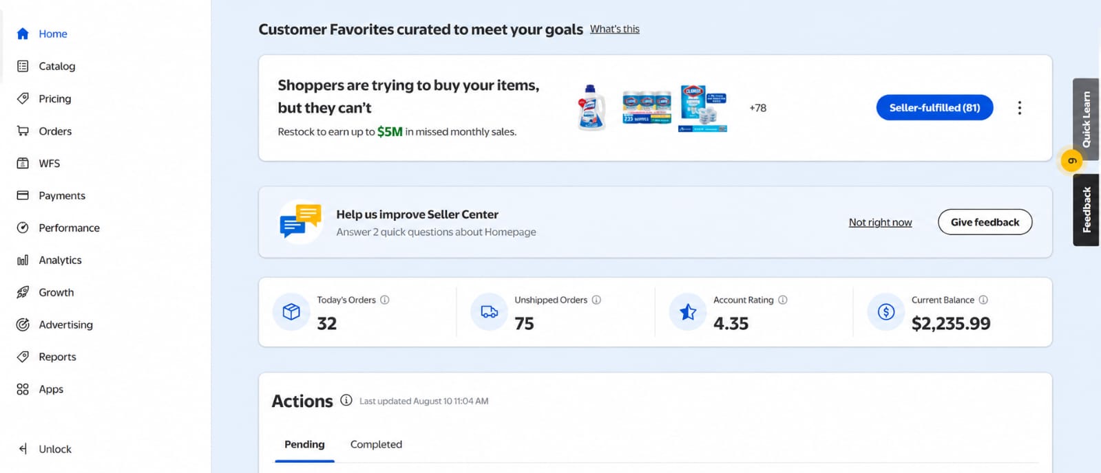 Walmart Seller Center homepage showing today's orders, unshipped orders and account rating